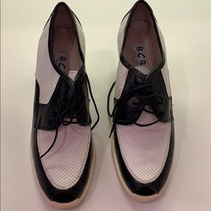 Black/White open toe oxford style with chunky heel